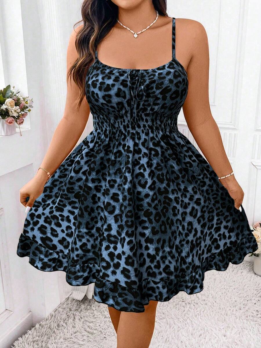 Elenzga Plus Size Women Leopard Print Tie Front Cami Dress, For Summer - Blue - View 1
