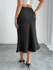 Chiquease Satin Jacquard A-Line Skirt, Casual And Fashionable For Everyday Wear - Black - View 2