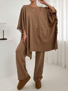 EURMUSE Black And White Colorblock Sweater And Pant Knit Set - Beige - View 3