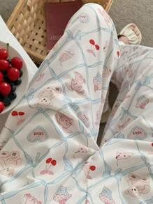 DAZY Cute Bear & Rabbit Cartoon Allover Print Loose Pajama Bottoms - Apricot - View 3