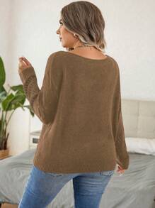 SHEIN LUNE Große Größen einfarbiger Langarm Cut Out Pullover, lässiger Alltagspullover Strick Pullover Herbst Winter