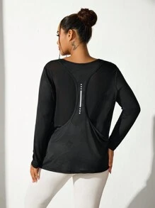Easithlete 女士加大码简约运动黑色长袖 T 恤，休闲日常穿着 - 黑色 - 查看 3