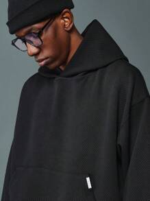 SUMWON Cozy Casual Pullover Hoodie Ribbed Fabric Streetwear Winter Sweatshirt Layering Essential Athleisure Athletic Wear Urban Fashion Long Sleeve - Black - View 4