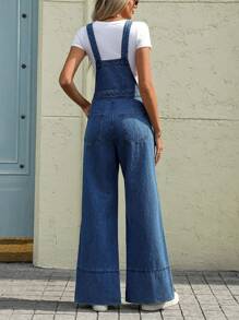 SHEIN Essnce Women's Loose Fit Denim Overalls With Pockets, Versatile Casual - Dark Wash - View 2