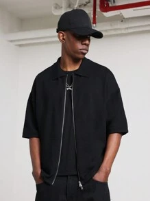 SUMWON Premium Zip Front Knit Polo Shirt Streetwear Half Sleeve Casual Athletic Sports Summer Lightweight Breathable Urban Modern Collared T-Shirt