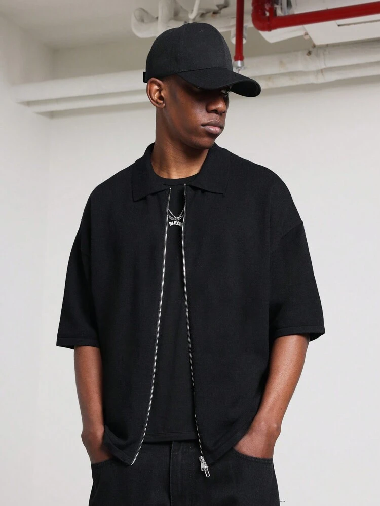 Zip Front Half Sleeve Casual Knit Polo Shirt