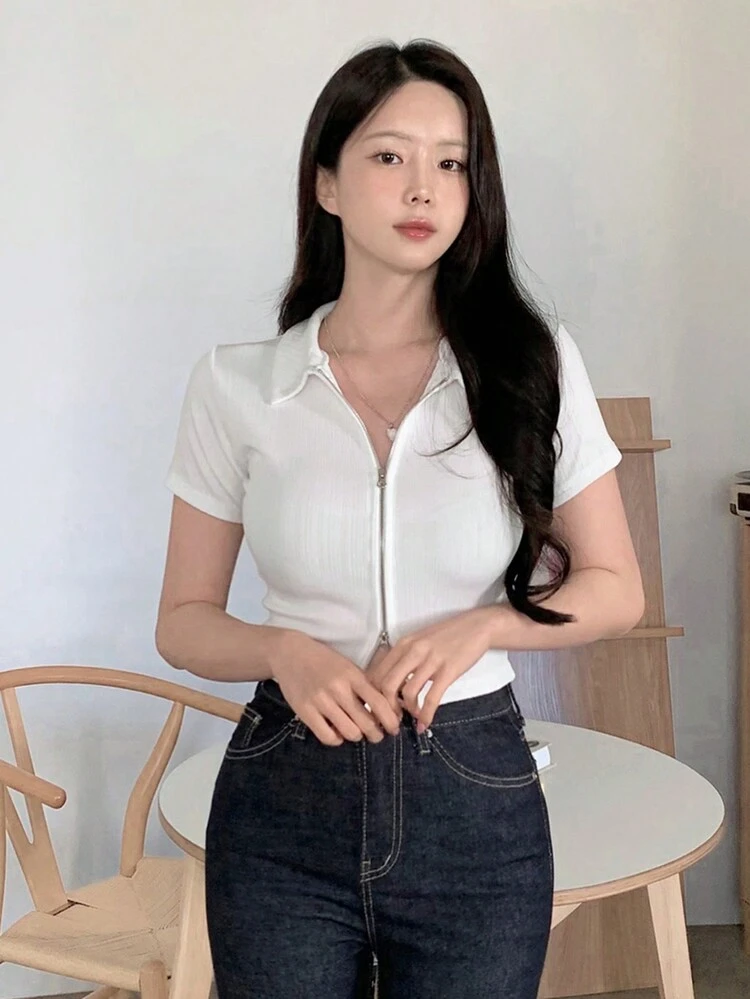 Women's Collared Button-Up Short Sleeve Fitted Rib Knit T-Shirt Summer,Crop Tops Women
