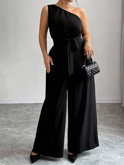 Elenzga Plus Size Plain Halter One-Piece Jumpsuit With Front Tie Casual Minimalist Design