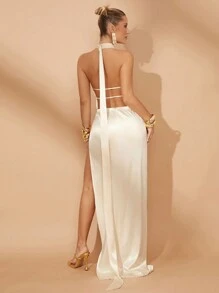 Lumalex 春季情人节冬季假期冬季春季派对宴会聚餐优雅高贵缎面露背连衣裙女式超高开衩裙 - 杏色 - 查看 3