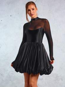 SHEIN SXY 新年优雅性感夜店必备情人节ICON黑色缎面撞色网眼高弹长袖泡泡下摆迷你连衣裙 - 黑色 - 查看 3