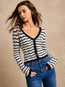 Poéselle Cárdigan de punto de manga corta de corte ceñido con contraste de colores, rayas onduladas y calado, de estilo casual para primavera/verano - Moda primaveral, blusas de mujer para verano