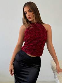 Aloruh 女士优雅浪漫假日上衣，生日、音乐节、演唱会、安可拉红色吊带背心，酒红色玫瑰花露背挂脖上衣，毕业典礼、教师节、返校季、度假、婚礼及活动、派对上衣 - 酒紅色 - 查看 6