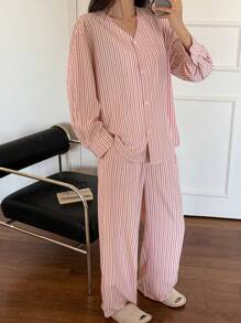 DAZY Simple Stripe Print Long Sleeve Loose 2pcs Women Spring Lounge Set Pajama - Pink - View 3