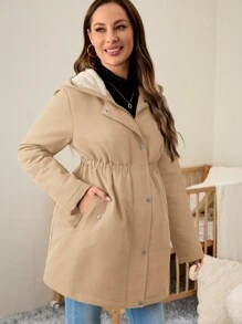 SHEIN 孕妇毛绒纽扣连帽夹克和外套，纯色，秋冬