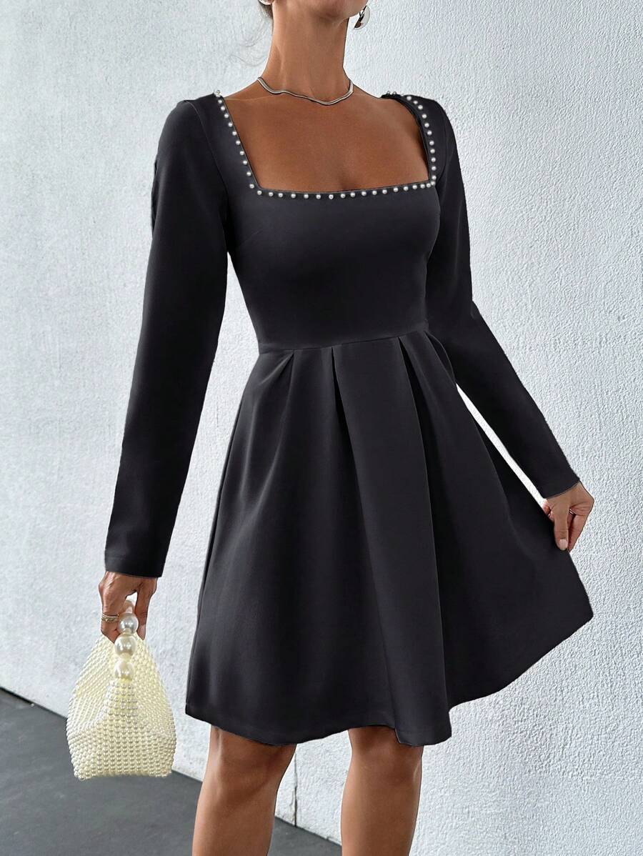 SHEIN Cottnline Elegant Pearl Detailed Long Sleeve Mini Dress - Black - View 1