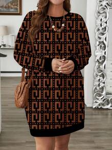 SHEIN Clasi Plus Size Women Casual Geometric Pattern Crew Neck Long Sweatshirt, Autumn/Winter - Chocolate Brown - View 4
