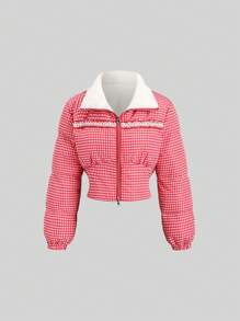 Sweetra 短款红色格子法式复古修身羽绒服，冬季Y2K风格