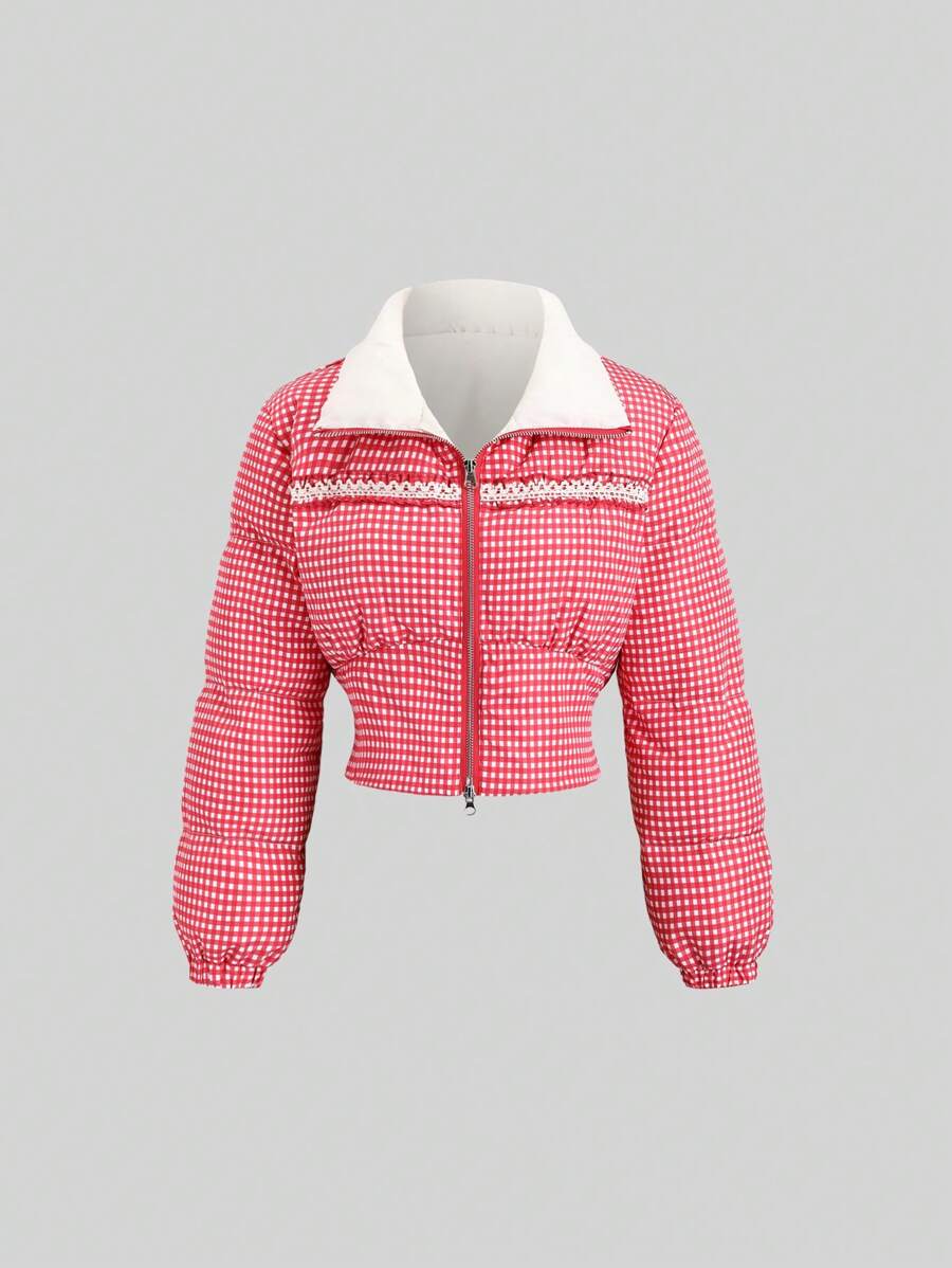 Sweetra 短款红色格子法式复古修身羽绒服，冬季Y2K风格