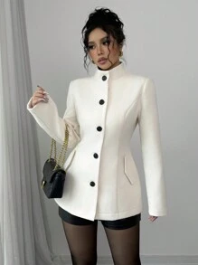 Selianne 女式立领收腰长袖开衫外套，优雅又温暖，适合秋冬季 - 杏色 - 查看 7