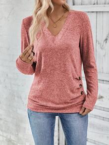 SHEIN LUNE Áo cánh nữ cổ chữ V dài tay cài nút thường ngày, thiết kế đơn giản để mặc hàng ngày - Màu Hồng  San hô - Xem 4