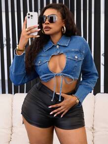 SHEIN SXY Áo khoác denim co giãn màu xanh thời trang gợi cảm buộc dây cỡ lớn cho nữ - Màu xanh lam - Xem 4