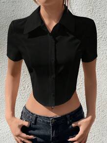 SHEIN EZwear Camisa de mujer de verano con botones y tejido - Negro - Ver 6