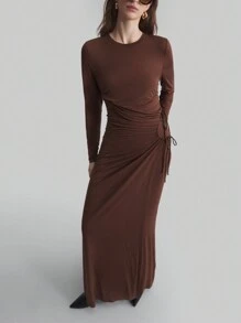 Ontre Knit Fabric Women's Dress, 2025 New Spring Fashion Long Wrap Dress, Round Neck Long Sleeve Brown Fitted Dress, Autumn/Winter Knit Long Sleeve Dress - Coffee Brown - View 3