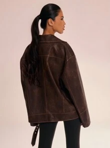MUSERA Distressed Faux Leather Biker Jacket - Brown - View 6