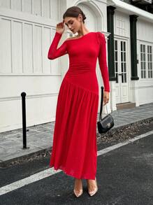 Chiquease Đầm Maxi Dài Ôm Vai Bất Đối Xứng Gợi Cảm Cho Trang Phục Năm Mới Cho Phụ Nữ - Đỏ - Xem 1