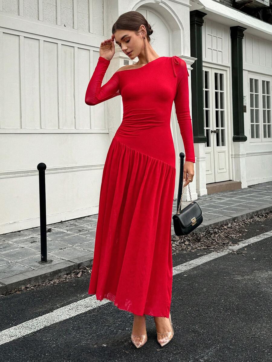 Chiquease Đầm Maxi Dài Ôm Vai Bất Đối Xứng Gợi Cảm Cho Trang Phục Năm Mới Cho Phụ Nữ - Đỏ - Xem 1