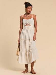 Travachic Women Dresses Memotong Kolor Ruffle Hem Plain Casual Boho - Aprikot - View 6