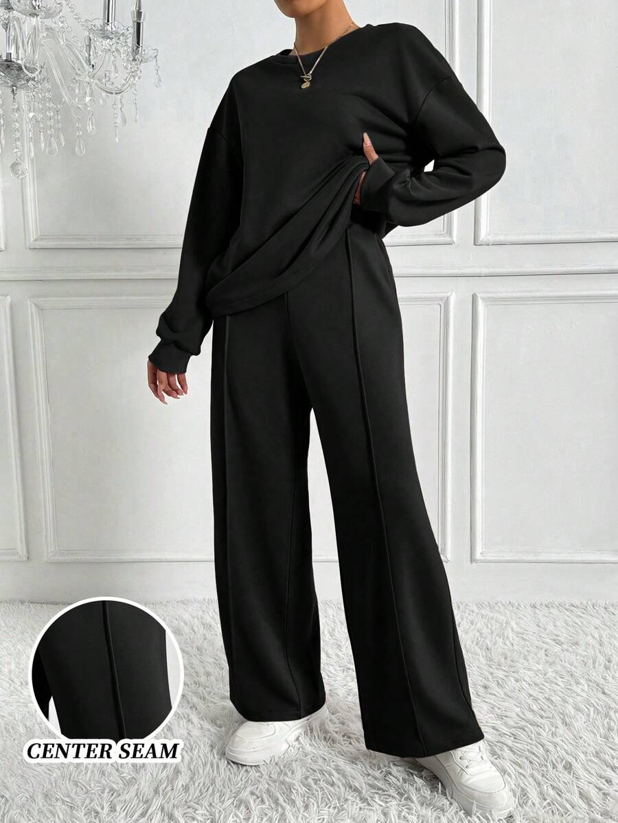 Chiquease Women's Plain Sweatshirt And Sweatpants Two Piece Set - Black - View 1