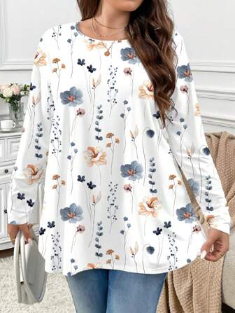 SHEIN Privé Elegant Vintage Floral Print Casual Round Neck Loose Fit T-Shirt, Plus Size, Autumn/Winter