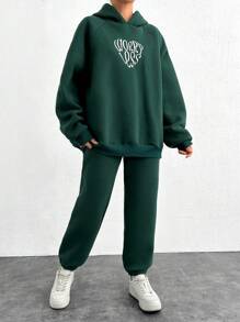 RueChic Conjunto de mujer de 2 piezas con sudadera con capucha de manga raglán con estampado de letras y pantalón de chándal, para otoño/invierno