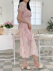 DAZY 女式碎花短袖中长款收腰连衣裙