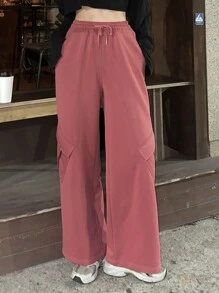 DAZY Women's Loose Solid Color Wide Leg Pants With Pockets & Elastic Waist Sweatpants - Pink - View 4