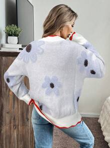 SHEIN LUNE Suéter Feminino Colorido com Manga Longa de Ombro Caído e Decote em V com Flor 3D, Casual para Outono, Inverno e Ano Novo