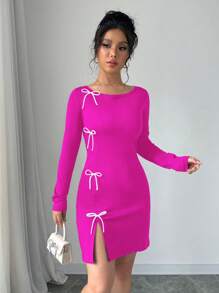 Elenzga 女士圆领长袖开衩下摆优雅蝴蝶结装饰连衣裙