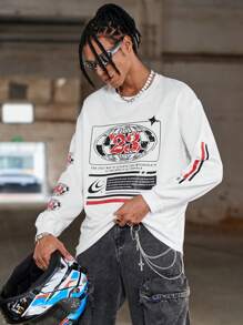 PAVTROS Moletom masculino Manfinity Streetrush Masculino Branco Motocicleta Elemento Rua Casual Solto Esportes Pullover, Padrão de Corrida Digital Estampa, Outono/Inverno - Branco - Ver 3