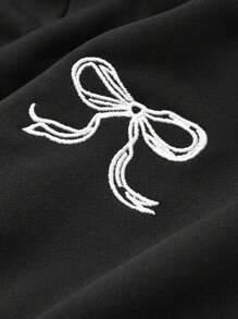 Dazy Petite Plus 2pcs/Set Bow Embroidery Round Neck Top And Skirt Casual Set, Black, Spring/Autumn,Fall Women Clothes