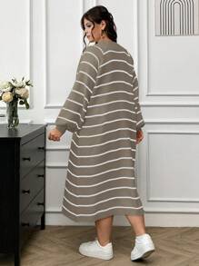 EURMUSE Striped Pattern Raglan Sleeve Sweater Dress Without Belt - Beige - View 2
