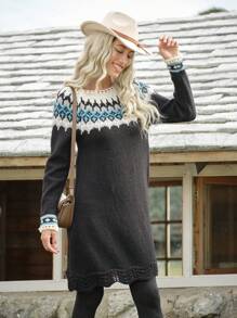 LanaWest Women's Fairisle Jacquard Geometric Pattern Long Sleeve Sweater Dress - Black - View 3