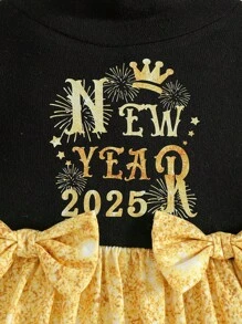SHEIN Abito da bambina con motivo a fuochi d'artificio adorabile, collo alto, maniche a palloncino, decorato con fiocco e fascia per la testa, adatto per uscite