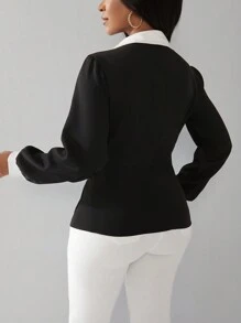 SHEIN Unity Elegant Color Block Asymmetric Wrap Shirt, Autumn - Black and White - View 2