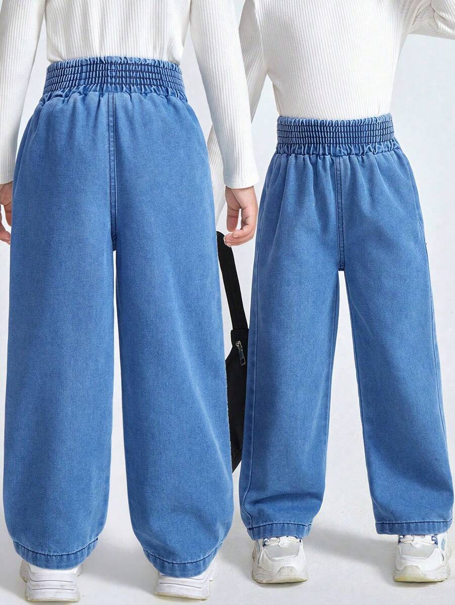 SHEIN Y2K Style Girls Wide Leg Loose Fit Washed Blue Jeans With Drawstring Waist, Casual & For Everyday Wear - Medium Wash - View 1