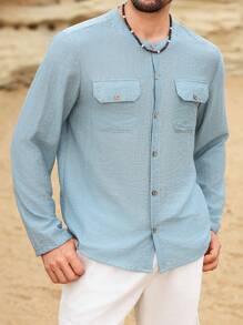Manfinity Homme Men's Front Button Long Sleeve Pocket Casual Shirt, Daily Wear - Baby Blue - View 4