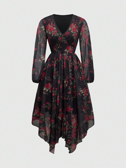 Fairycore Women's V-Neck Floral Mesh Waisted Mid-Length Dress, Spring And Autumn, For New Year