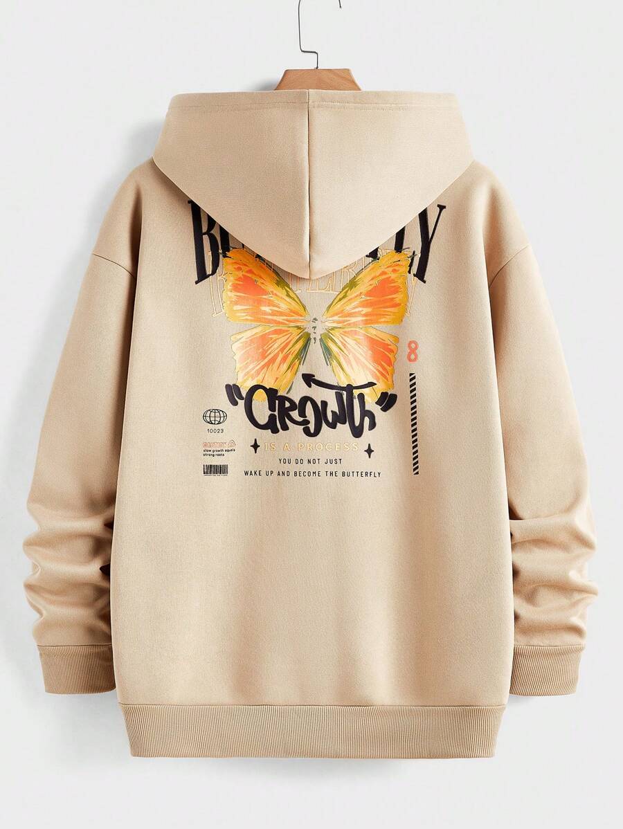 Manfinity VCAY Áo hoodie túi in khẩu hiệu và họa tiết bướm dành cho nam, dành cho mùa thu đông - Lạc đà - Xem 1