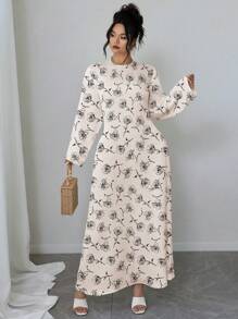 Flirla Plus Size Women Black Rose Print Long Sleeve Dress - Multicolor - View 4