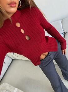 Aloruh Women's Autumn And Winter Sweaters, Elegant Business Commuting, Casual And Simple Inner Sweaters, Burgundy Knitted Tops, Solid Color Turtleneck Sweaters, Warm Christmas Red Sweaters,Angola Red Hollow-Out Open Slit Fitted Long Sleeve Sweater New Years Women Tops